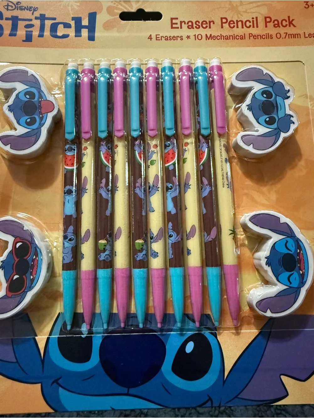 Disney Stitch Mechanical Pencil & Eraser Pack - Pink, Blue, Yellow